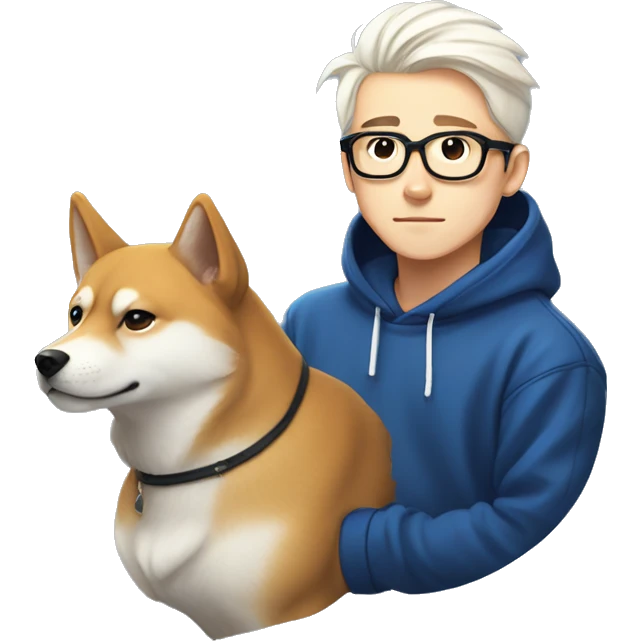 A young guy long white hair pulled back into a ponytail and white skin and black-framed glasses and nose piercing wearing blue hoodie with Shiba Inu dog next to him emoji