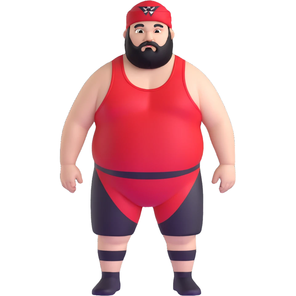 White skin fat guy with black durag and black beard in a red and black wrestling singlet emoji