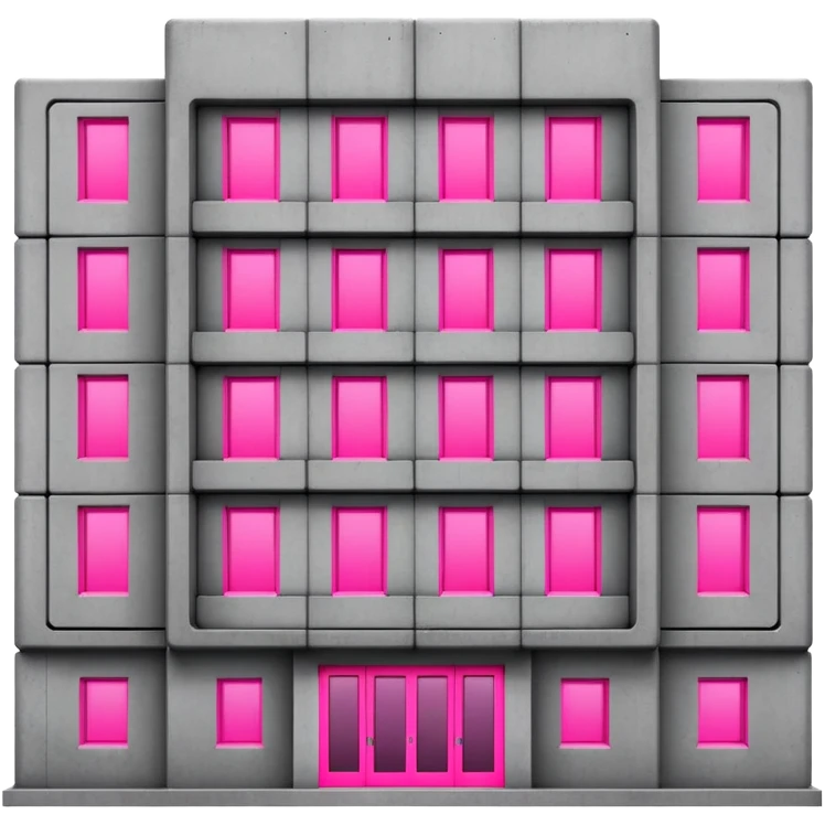 brutalist gray concrete block building with two neon pink windows and many normal windows emoji