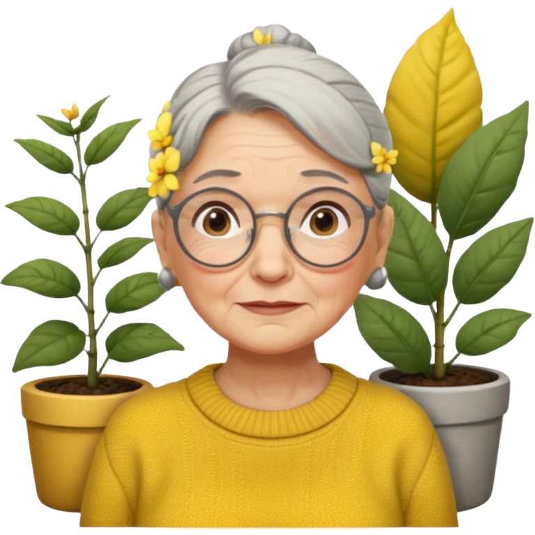 Abuela con arrugas, cabello canoso blanco en moño, expresión tierna, gafas redondas, suéter amarillo y detalles relacionados con plantas. Estilo amable y acogedor. emoji