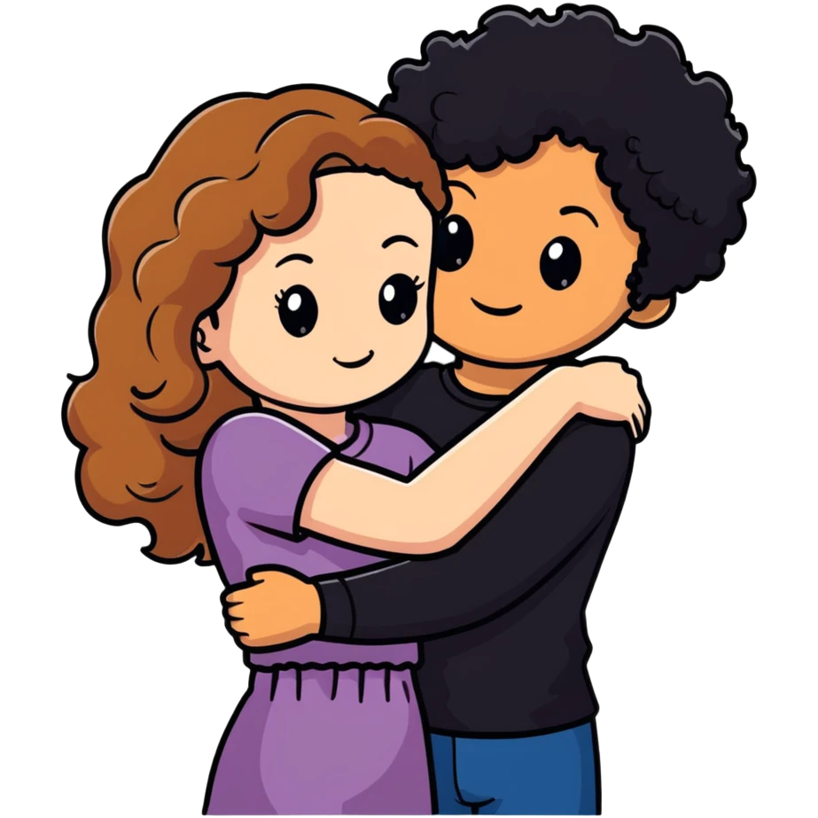 girl with long light brown hair and pale skin hugging a boy with short black curly hair and tanned skin emoji