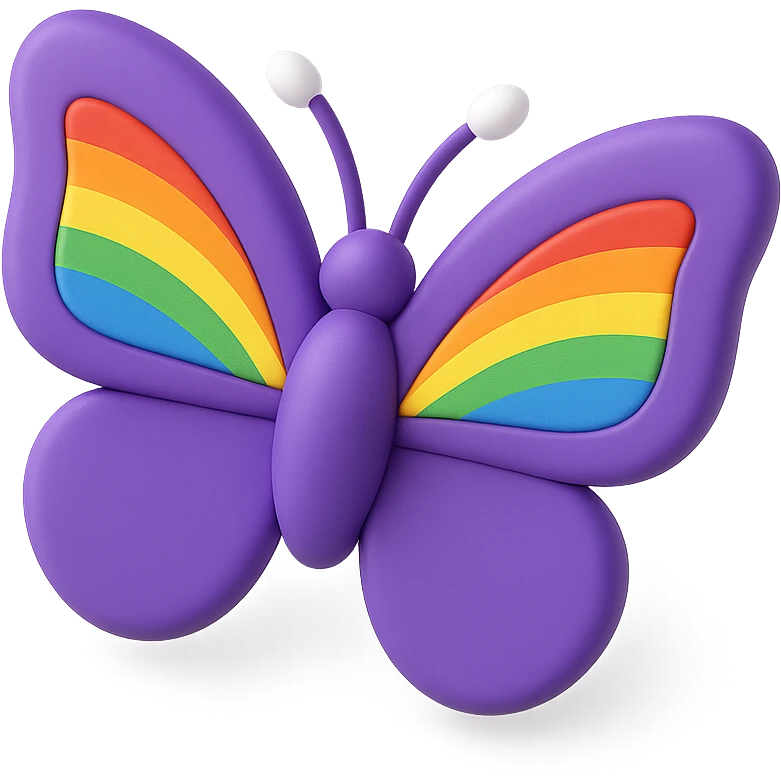 a butterfly with shiny purple wings with rainbow pride accents, 3D look emoji