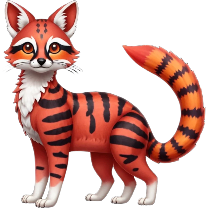 Rare realistic red burgundy sanguine orange black gradients lush tropical exotic cute epic pretty beautiful handsome gorgeous aesthetic colorful vibrant Vernid-Protogen-Primagen-Wickerbeast-Genet-Trico-species-Fakemon-hybrid-creature by LiLaiRa, beautiful intricate markings, full body emoji