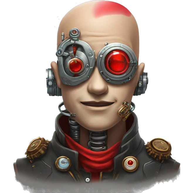 Bald cyborg head with red Mohawk, red beard. silver steampunk monocle goggles a smile and circuits emoji