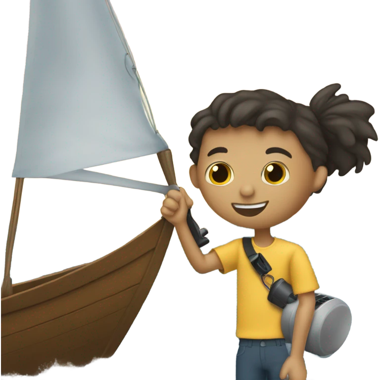 boy using hair dryer to dry sail of boat emoji