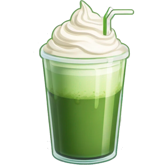 a plastic glass of matcha latte with whipped cream and green tea on top
 emoji