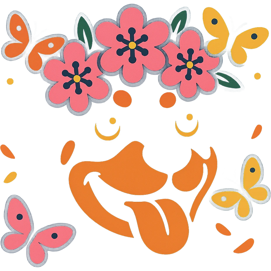 Add butterflies fluttering around the rottweiler with a cherry blossom flower crown, keep the original style and colors emoji