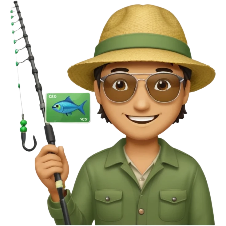 A man holding a fishing rod with a green card on the hook emoji
