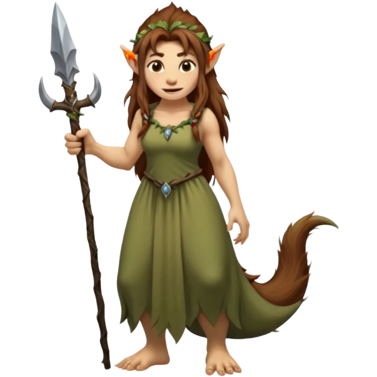 Norwegian forest mountain troll lady, Huldra, brown beautiful hair, pointy ears, long dress, long tufted tail, sharp teeth (full body) emoji