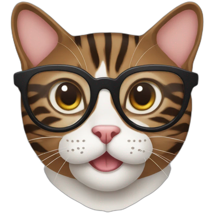 Striped wenge domestic shorthair cat head with white mouth wearing glasses emoji