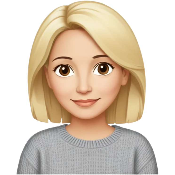 Linette Torres, 50-something Puerto Rican actress with fair complexion, extremely kind-hearted expression, bright caring eyes, soft motherly smile, blonde hair with relaxed styling, wearing a comfortable casual sweater emoji