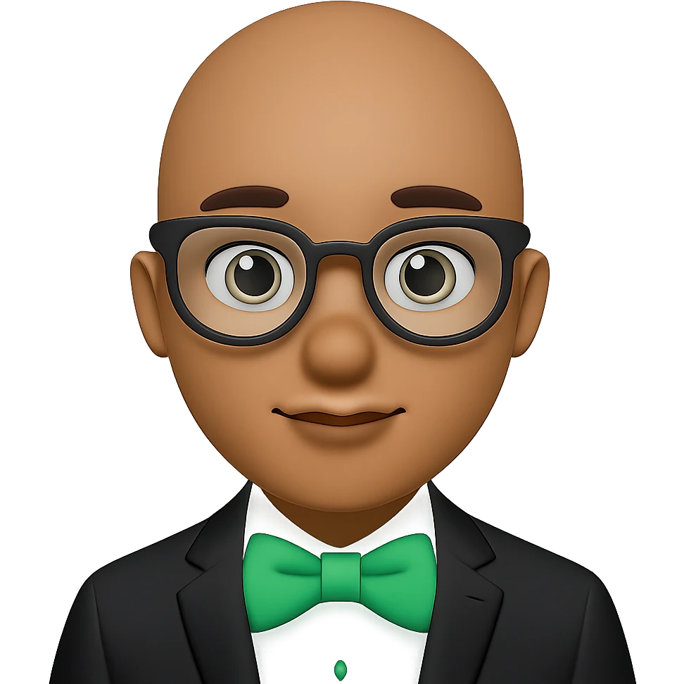 Change the man's hair to bald, keep the man with green bow tie, in apple emoji style, with no background. emoji
