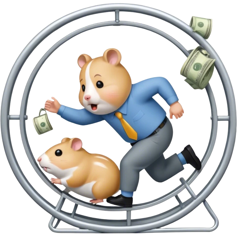 Create an emoji of a tired, overworked entrepreneur running on a hamster wheel, chasing a floating dollar sign or a bag of money. The character has dark circles under their eyes, looks exhausted, and appears stuck in an endless cycle. The hamster wheel represents constant struggle, while the money is always just out of reach. The style should be clean and easily recognizable as an emoji

 emoji