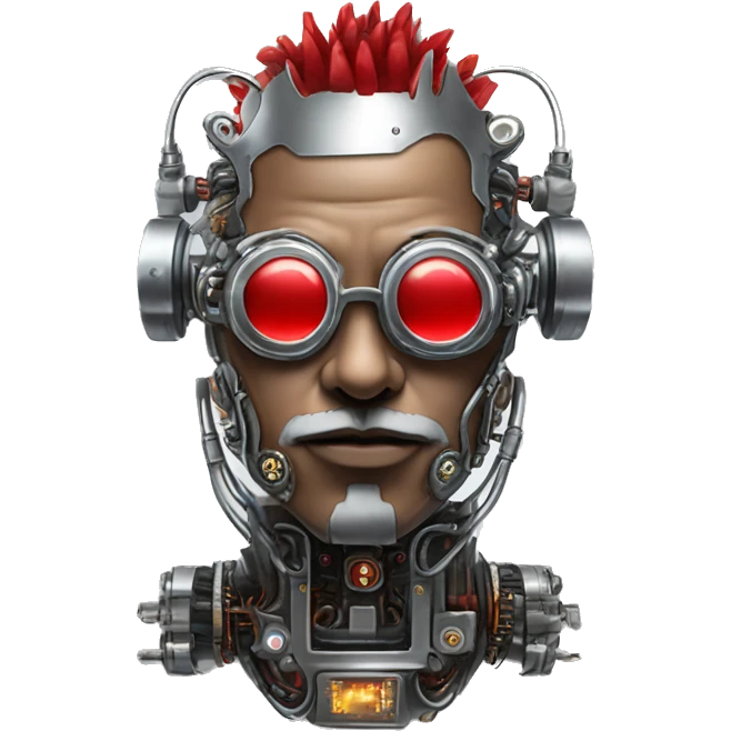 cyborg head with Silver mohawk, red steampunk goggles, red goatee and circuits emoji