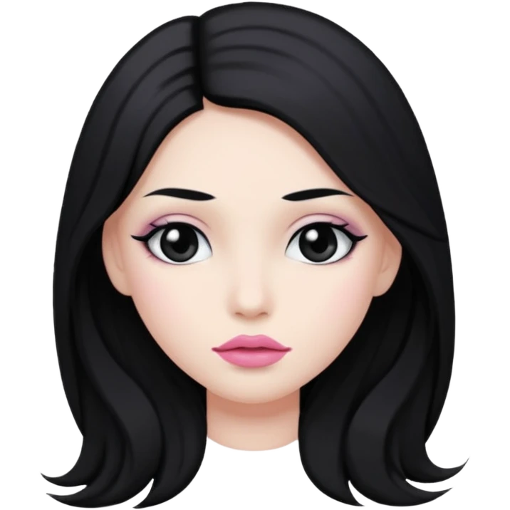 hair long black normal hair with black eyes, and white skin, white pinkish lip  emoji
