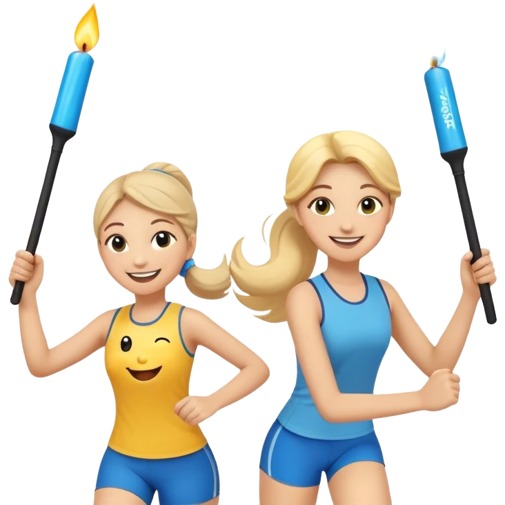 Show two happy team members passing a bright baton in a relay race. One girl, young woman and a young man with all sorts of happy smiley emojis in the air.  Add the words Rejuvenation Break at the top in fun lettering. Show the baton, even bigger with both smoothly connecting to it.  emoji