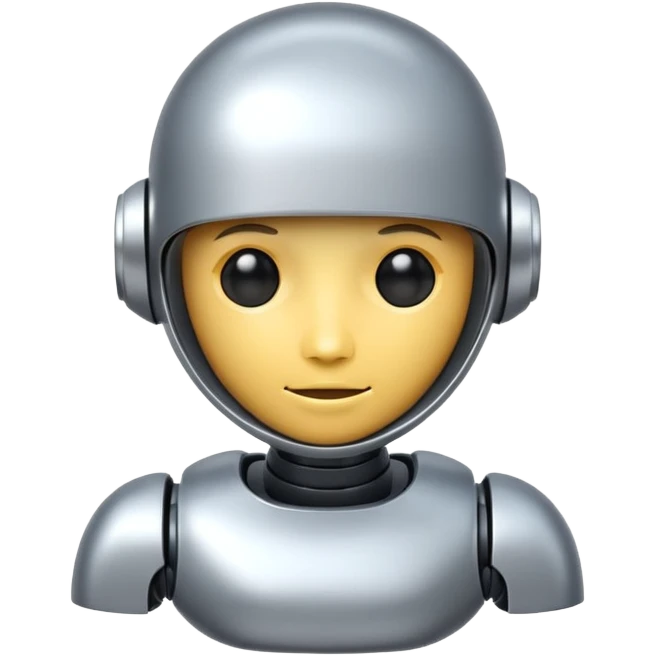 A cute futuristic robot emoji made of silver chrome, rounded friendly body, minimal facial features, glossy metallic surface, soft reflections, iOS emoji style, centered, clean white background emoji