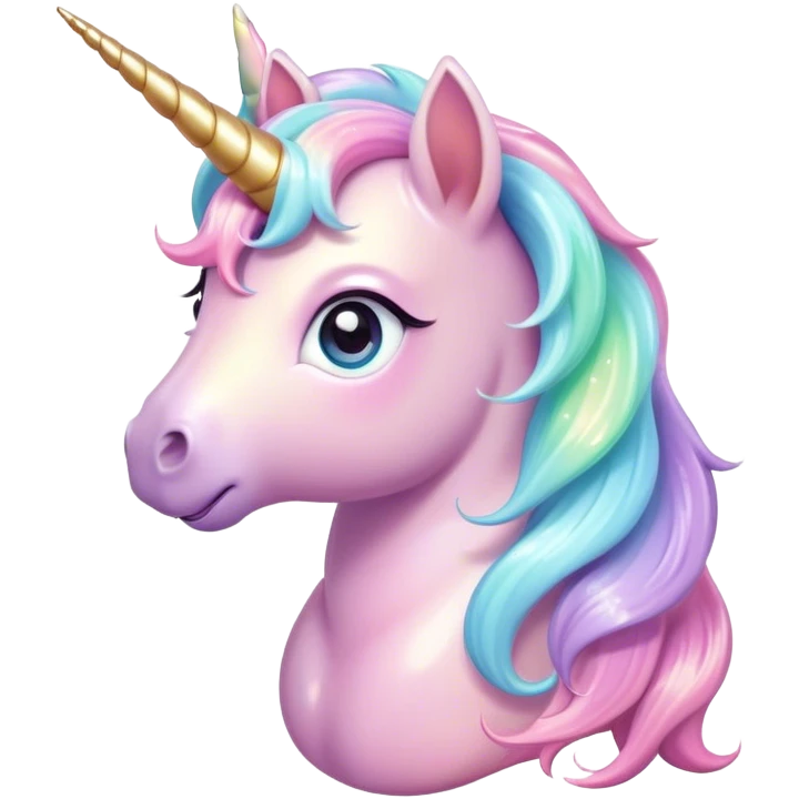 Cinematic pastel-colored unicorn, flowing iridescent mane, big sparkling eyes, tiny rounded hooves, soft chubby cheeks, delicate magical glow surrounding, enchanting and dreamy. emoji