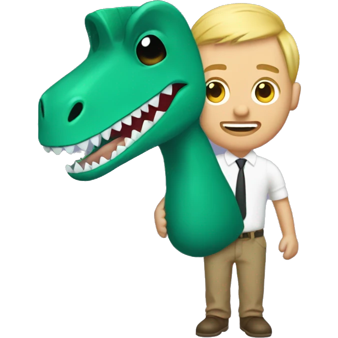Blonde, balding man, with a dinosaur sock puppet on his hand emoji