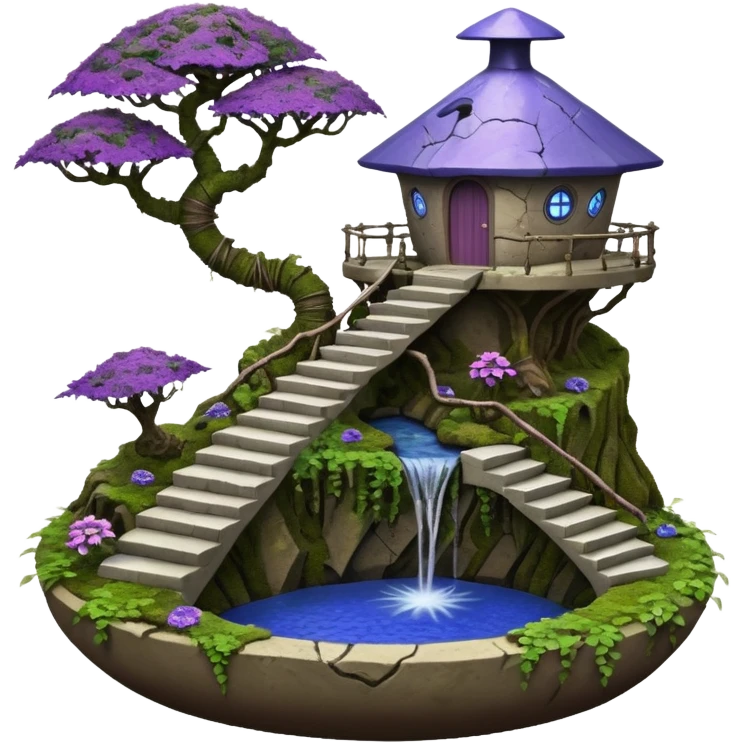 Alien saucer house jungle-vines precarious narrow stairway fountain mountain-island landscape antique mudman very old broken cracked intricate Stone Age lapis-crusted irregular dodecagon-shaped shallow dark moss rough bark violet serissa flowered maple tree bonsai pot emoji