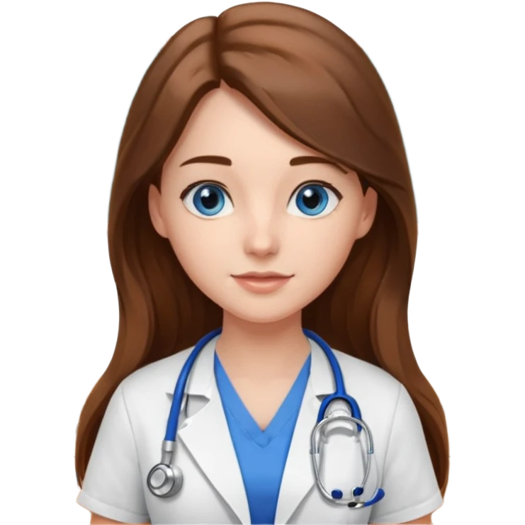 inside a classroom at university, a pretty female nursing student with long brown hair, blue eyes emoji