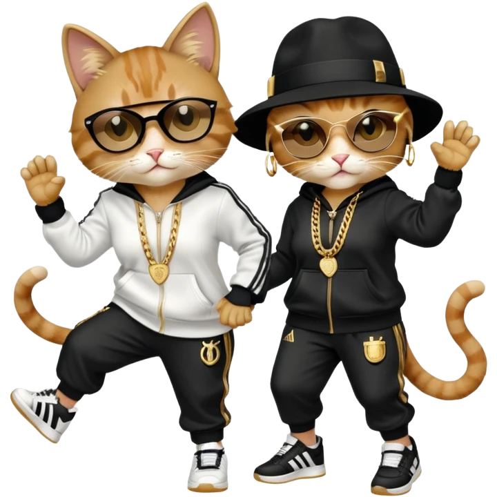 female cat dressed like Run DMC in tracksuit, fedora, Adidas shoes, lots of gold chains, rings, bracelets, earrings, dancing with a friend, no sunglasses emoji