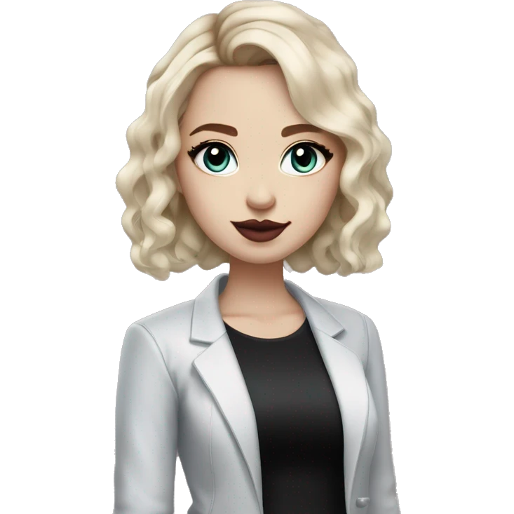 Slavic adult woman, goth eyes makeup, pink lips, blue eyes, medium bob black-to-blonde ombre light wavy hair, white T-shirt and black office jacket. emoji