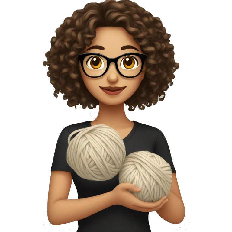 pretty Hispanic woman with long brown curly hair holding one ball of yarn with both arms wearing a black shirt and black glasses emoji