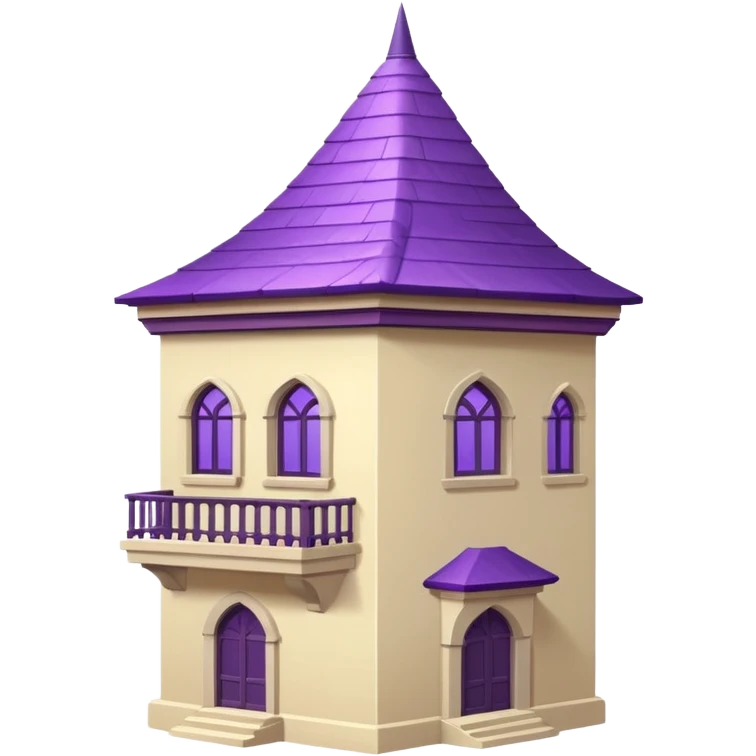 a single tall seclusion tower with large windows above, a purple roof and cream walls, and no entrance emoji