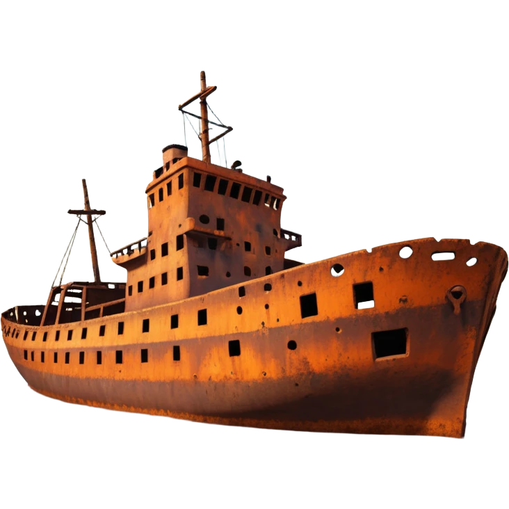 rusted ship wreck, heavily corroded metal hull, orange-brown rust textures, abandoned old ship, weathered surface, dramatic lighting, cinematic atmosphere, 3D cartoon style, mobile game environment art, clean composition, no people, no text, no watermark
 emoji
