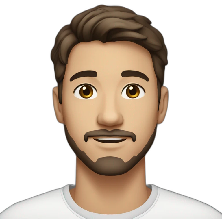 A 20 year old man with short dark brown hair, dark blue eyes, warm skin and a goatee and stubble emoji