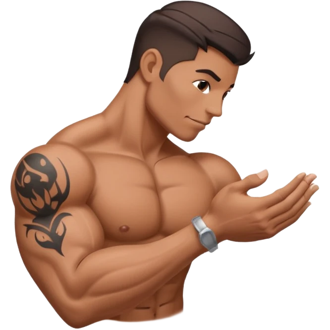 A hand makes a muscle that has a tattoo on it emoji