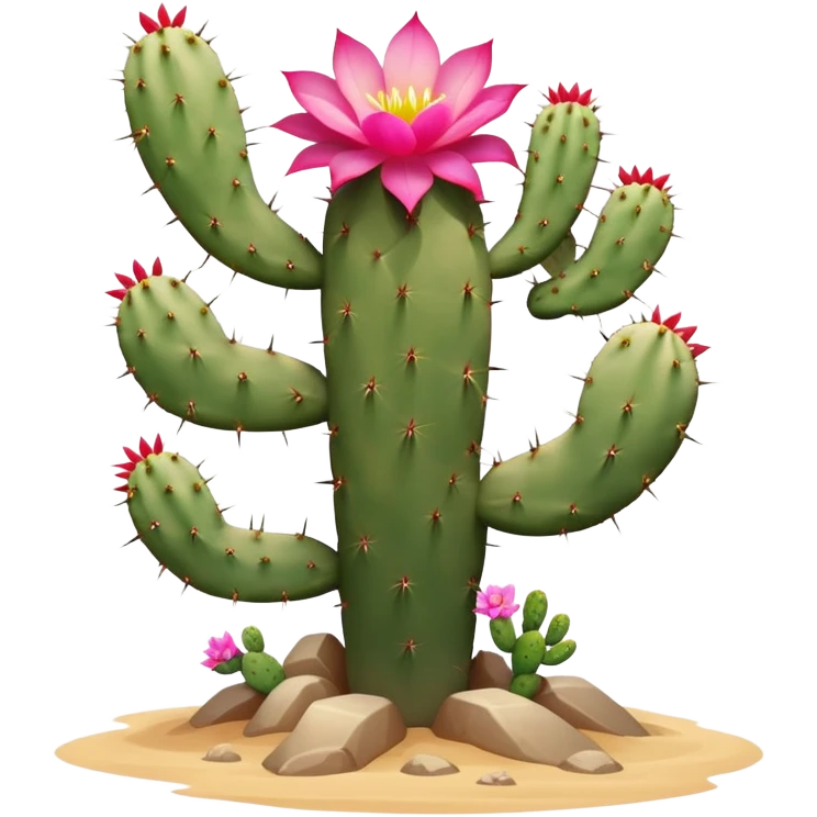 A desert-dwelling plant hybrid creature with cactus spines, blooming flower petals that change color with the temperature, and the ability to burrow underground with root-like limbs during sandstorms. emoji