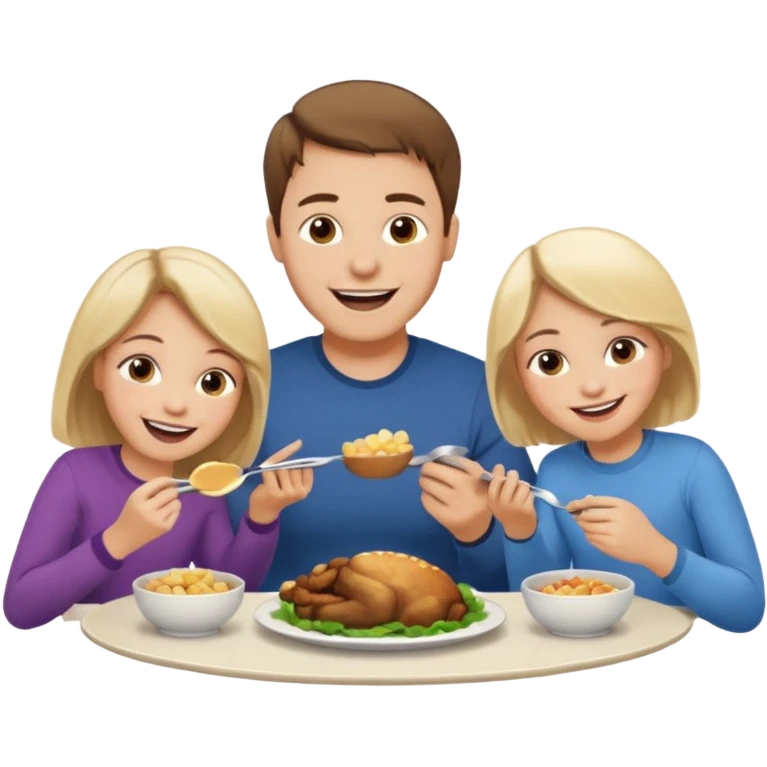 Family eating dinner and laughing together. Husband, wife, boy and girl (4 years old each) emoji
