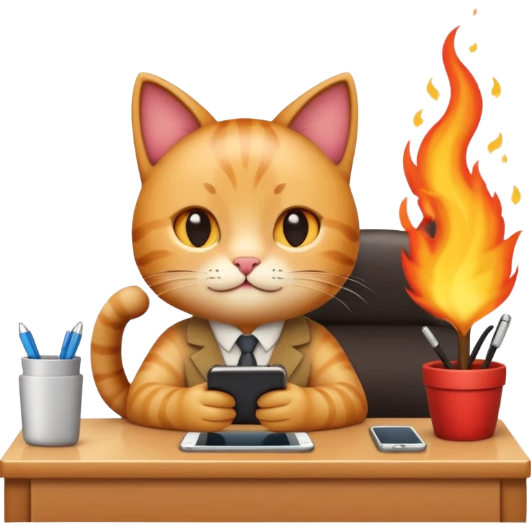 Apple-style emoji illustration of a cute cat character calmly sitting at an office desk, holding a smartphone and looking relaxed, while the office behind is subtly on fire. emoji