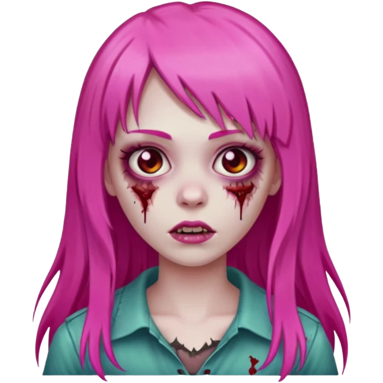 Create a female zombie emoji with long, straight hair in hot pink and bangs. emoji
