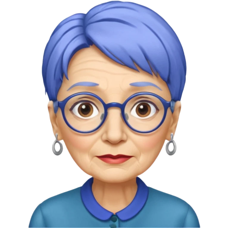 old lady with cobalt hair, wearing glasses, long face emoji