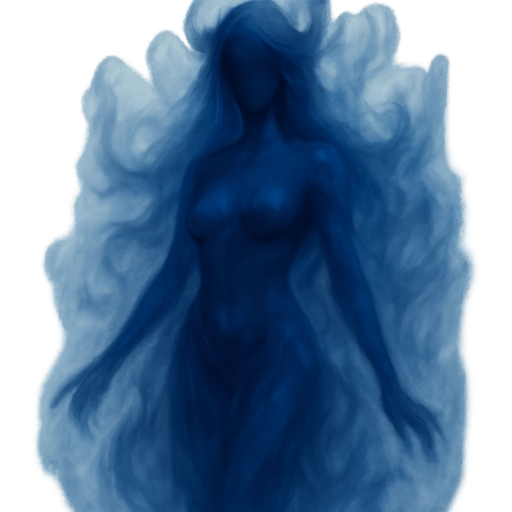 mystical being with no facial features, divine feminine characteristics, dark blue color, ethereal and mystical atmosphere emoji