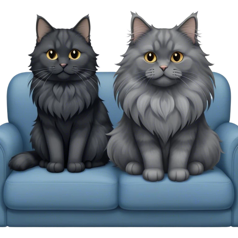 A large black smoke Maine Coon cat with long grey ear tufts and a fluffy grey ruff, sitting next to a chubby British Shorthair cat in blue color with plush fur, both sitting comfortably on a sofa. Beautiful room background with flowers and soft lighting. Transparent background. emoji