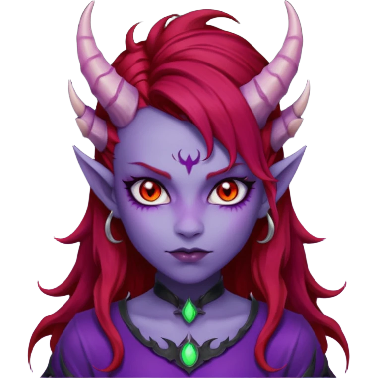 Demon Girl Purple Skin Dragon Horns Black Eyes Red Glowing Pupils Auburn Haired Red Shirt  emoji