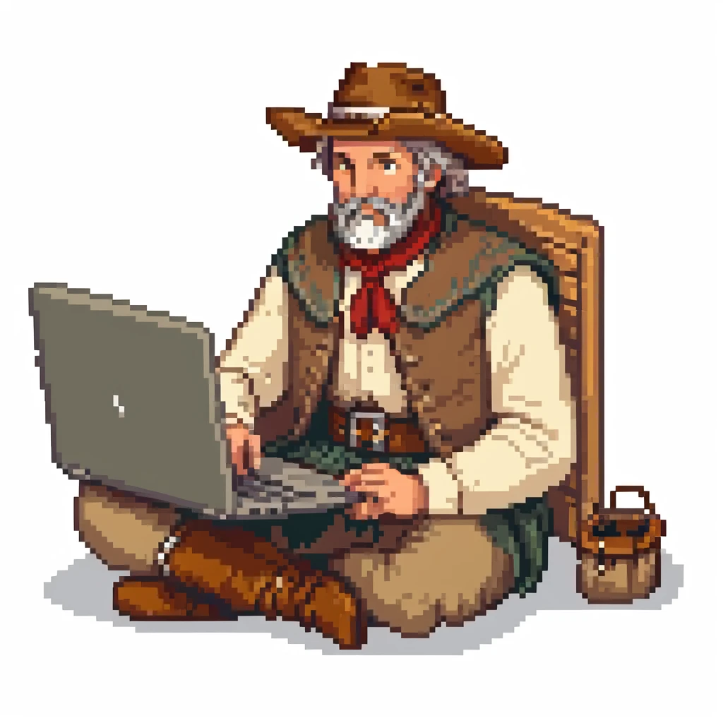 Pioneer settler in old frontier clothing sitting at a modern laptop computer emoji
