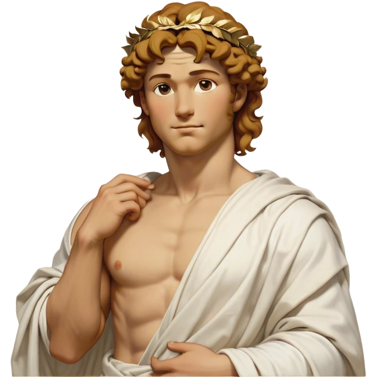 Cinematic Realistic Hercules Portrait, head tilted playfully and inquisitively, showcasing a blend of legendary power and youthful charm with the refined features of Michelangelo's David. His light tan, sculpted skin and thick, curly, golden brown hair—styled with wild majesty—evoke the spirit of the lion-wrestling Hercules. Clad in a softly draped white robe with subtle golden details and adorned with a Greek laurel wreath, his expressive eyes and warm smile capture an approachable yet formidable hero, bathed in gentle natural lighting. emoji