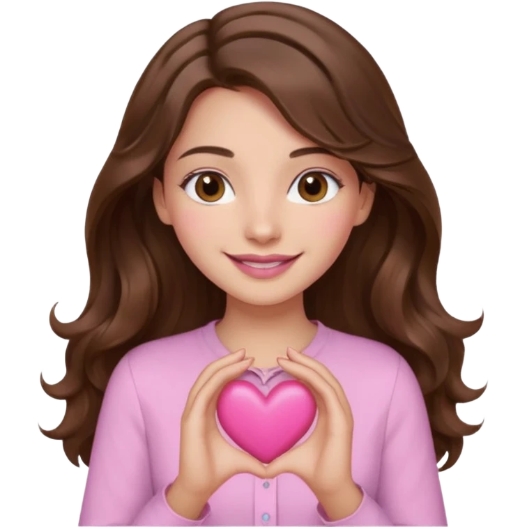 girl with wavy long brown hair, brown eyes, light to medium complexion, long lashes, light pink lipstick, wearing light pink shirt, smiling, hands holding a pink heart emoji