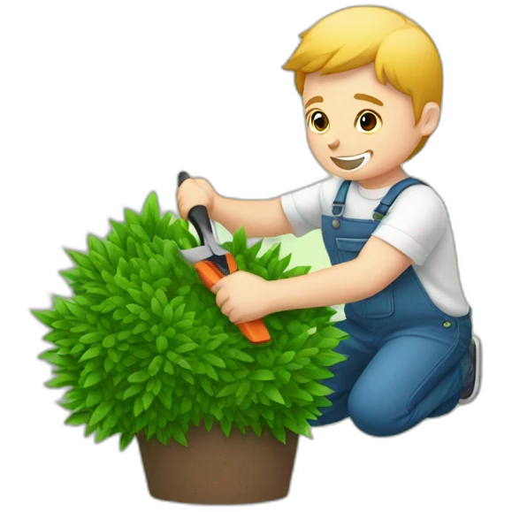 white kid trimming a decorative bush emoji