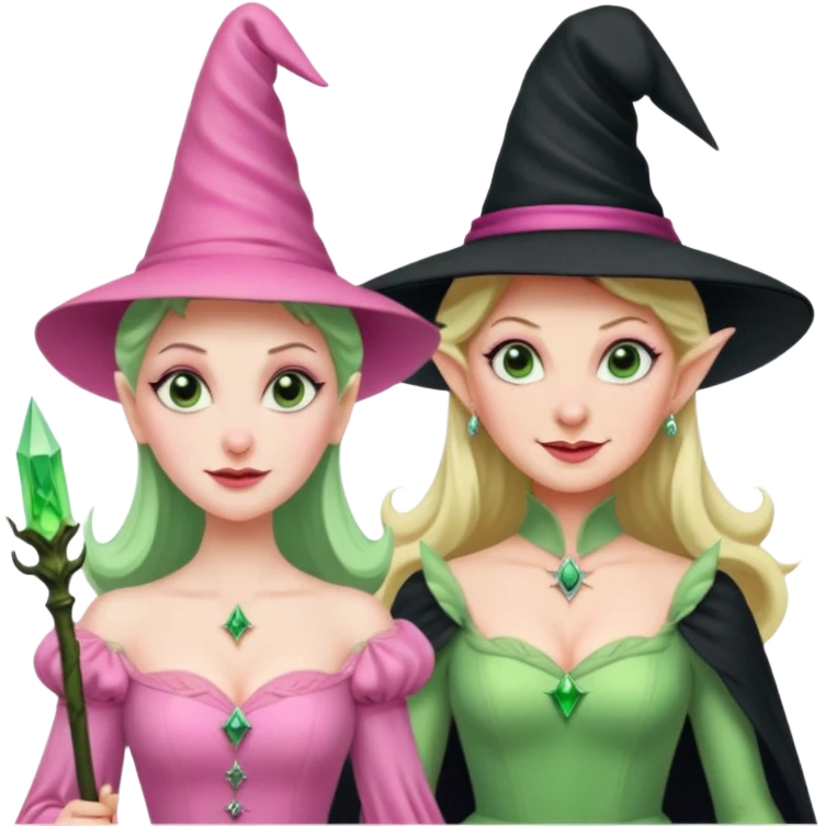 make an emoji of the green wicked witch standind behind the good witch Glinda and being overly protective looking angry and glinda looking happy emoji