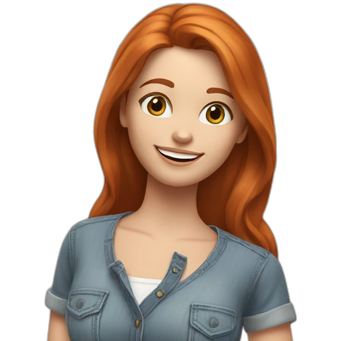 redhead white woman with medium long straight hair, greets smiling, wearing jeans and romantic blouse emoji