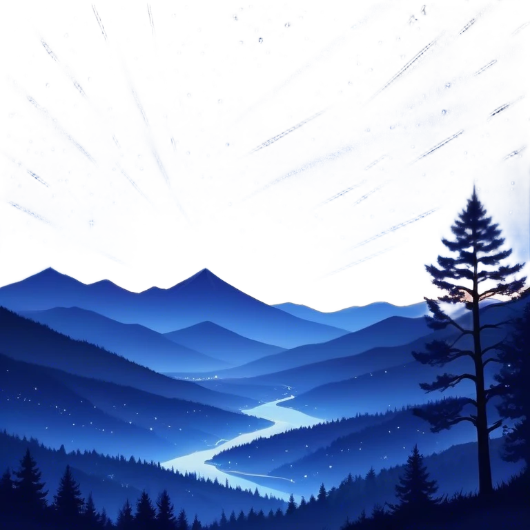 A mesmerizing night sky filled with falling stars, streaking across the dark expanse in bright trails of light. The sky is deep indigo, dotted with distant stars, while the shooting stars create a sense of magic and wonder. The landscape below is tranquil, with silhouettes of trees and mountains, adding to the peaceful, celestial atmosphere. Some of the falling stars are bright and large, while others are smaller, creating a dynamic, sparkling effect in the night emoji