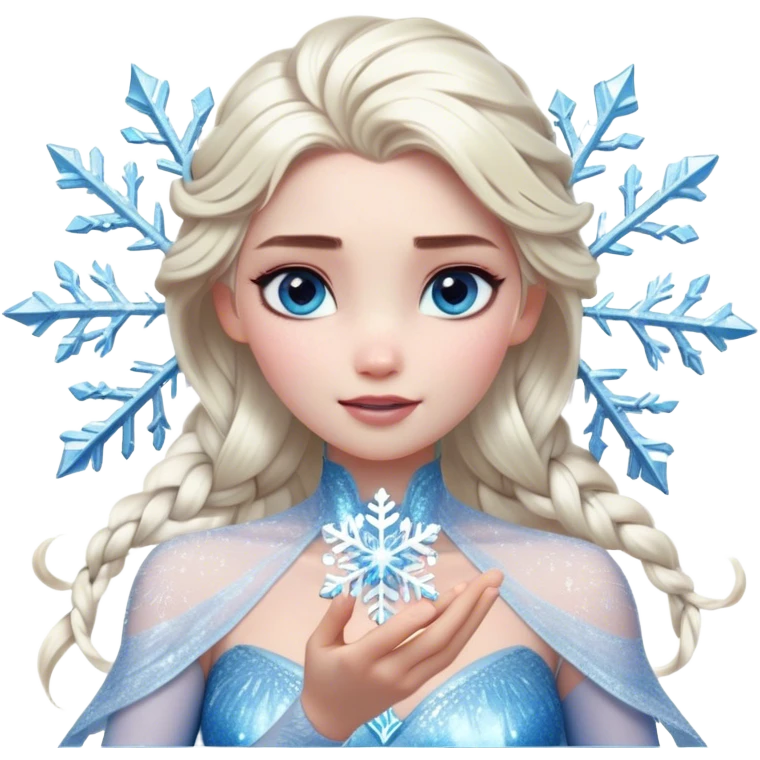 Cinematic Realistic Elsa Portrait, depicted with lifelike skin texture, soft natural lighting, and intricately detailed platinum blonde hair styled elegantly. Her striking, expressive blue eyes exude confidence and grace, complemented by a serene and regal expression. She holds a shimmering snowflake delicately in one hand, her other hand resting against her gown, embodying the power and beauty of winter. She is dressed in her signature icy attire, with shimmering fabric textures and delicate folds that catch the light beautifully. The portrait features a soft, enchanting glow with a cool, radiant finish, capturing the essence of timeless elegance in a realistic and painterly style. emoji