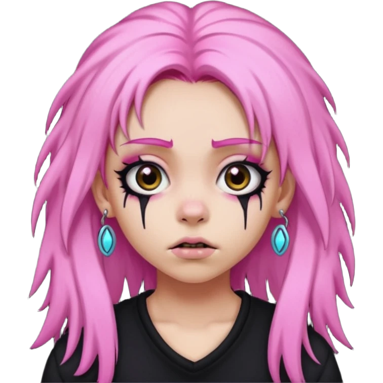 girl,lightsinvampire, pink hair, very longhair , shaggy, dark, spooky,double eyebrow dermal piercing, creepy expression emoji