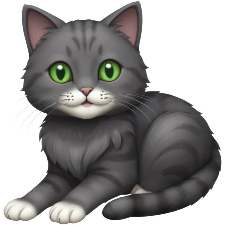 solid dark grey cat with green eyes, completely solid grey face, white toes/paws playfully rolling upside down emoji